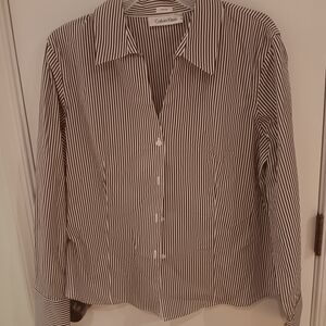 Calvin Klein Men's Black and White Striped Button-Up Shirt
